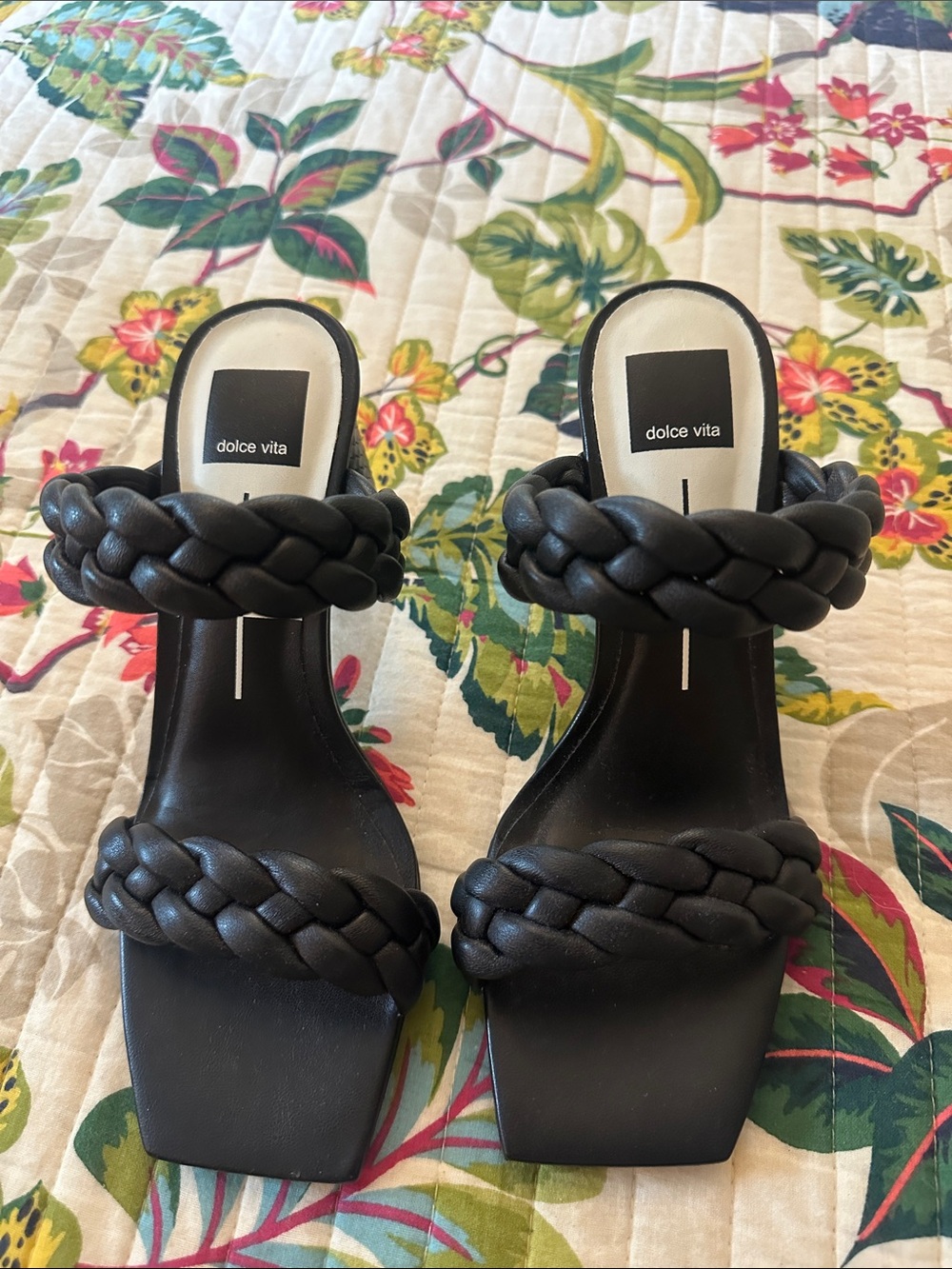 Dolce Vita Black Braided-Strap Square-Toe Heeled Mules